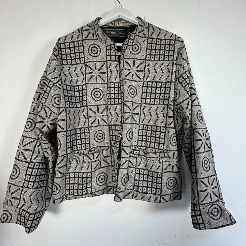 New Identity Womens Geometric Print Unique Button Front Jacket XL Black Gray